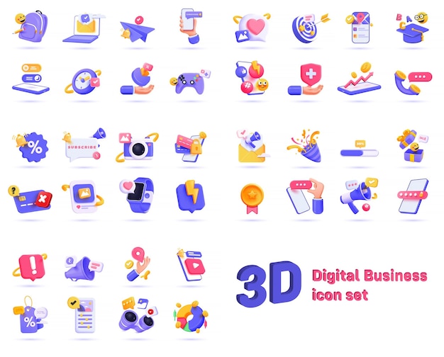 Conjunto de iconos de negocios digitales 3d Ilustraciones de moda de diseño y desarrollo social de compras en línea