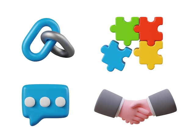 Conjunto de iconos de negocios en estilo 3D Enlace de cadena rompecabezas de colores señal de mensaje de apretón de manos