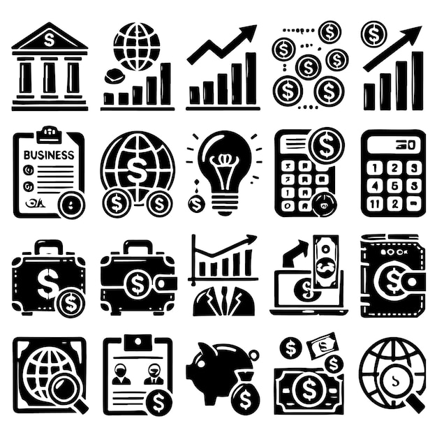 Conjunto de iconos de negocios y finanzas Ilustración vectorial fondo blanco negro y blanco