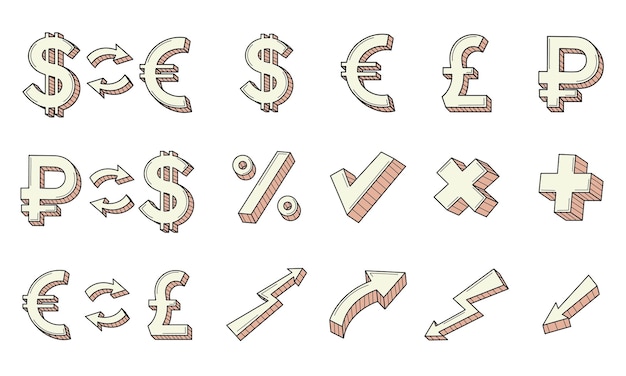 Vector un conjunto de iconos de negocios de garabatos de colores símbolos de cambio de moneda rublo dólar euro libra flechas el crecimiento y la caída de la moneda ilustración de vector colorido dibujado a mano aislado en blanco