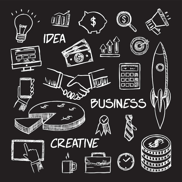 Conjunto de iconos de negocios garabatos ilustración vectorial dibujada a mano sobre fondo negro
