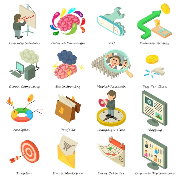 Conjunto de iconos de negocios. ilustración isométrica de 16 iconos de vector de negocio para web