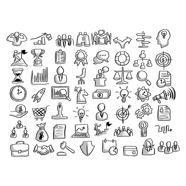 conjunto de iconos de negocios con ilustración vectorial de sombras boceto dibujado a mano con líneas negras