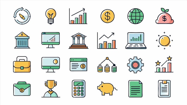 un conjunto de iconos de negocios con un plan financiero en la parte superior