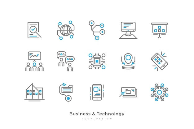 Conjunto de iconos de negocios y tecnología con estilo de línea simple que contiene configuración de teléfono inteligente de microchip comunitario de conexión de datos de computadora y más