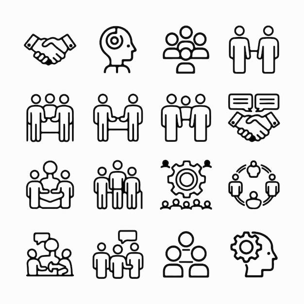 Conjunto de iconos de negocios y trabajo en equipo Colaboración Comunicación y símbolos de liderazgo