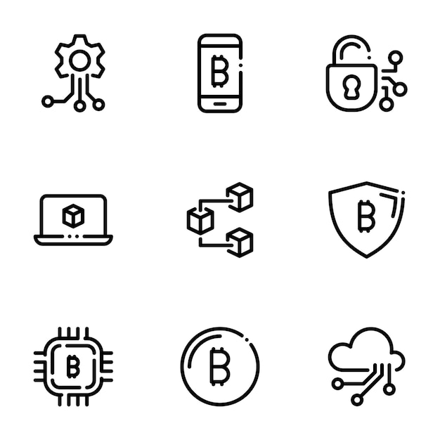 Conjunto de iconos negros aislados sobre un fondo blanco sobre el tema Tecnología Blockchain