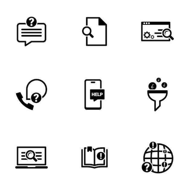Conjunto de iconos negros aislados sobre un fondo blanco en el tema Buscar datos de clasificación