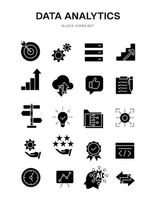 Conjunto de iconos negros de ilustración infográfica de negocios analíticos de datos