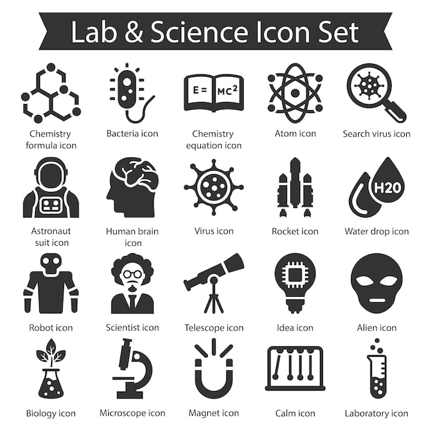 Conjunto de íconos negros de laboratorio de ciencias