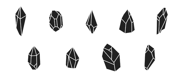 Conjunto de iconos negros minerales Gema del tesoro de cristal Vector EPS 10