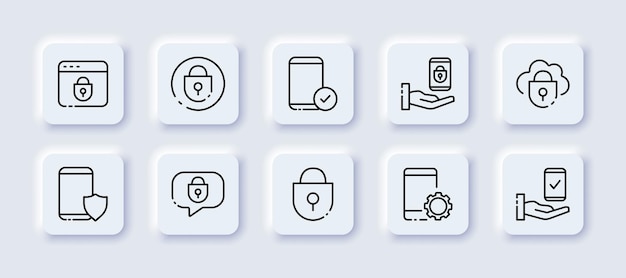 Conjunto de iconos neomórficos de protección Acceso a la burbuja de voz smartphone nube contraseña bloqueada cifrado cerrado cuenta de privacidad oficina privada concepto de seguridad Conjunto de iconos de línea neomórfica vectorial