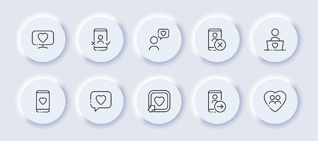 Conjunto de iconos neomórficos de relaciones Paquete de regalo de idea fecha importante cumpleaños sorpresa entrega compras sorpresa tienda en línea invitación de fiesta concepto de amor Conjunto de iconos de línea neomórfica vectorial