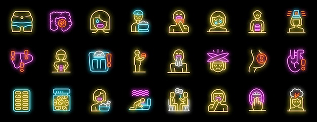 Conjunto de iconos de neón de bulimia que muestran a personas que sufren de trastornos alimentarios