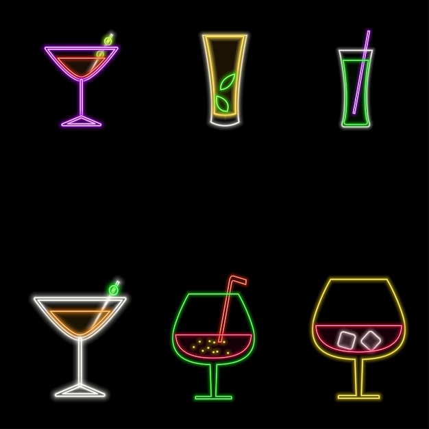 Conjunto de iconos de neón para cócteles Colección de cócteles Letreros de neón Letreros brillantes Bebidas de neón luz nocturna