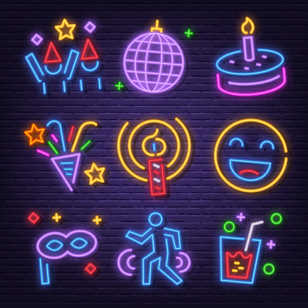 Vector conjunto de iconos de neón de fiesta de cumpleaños