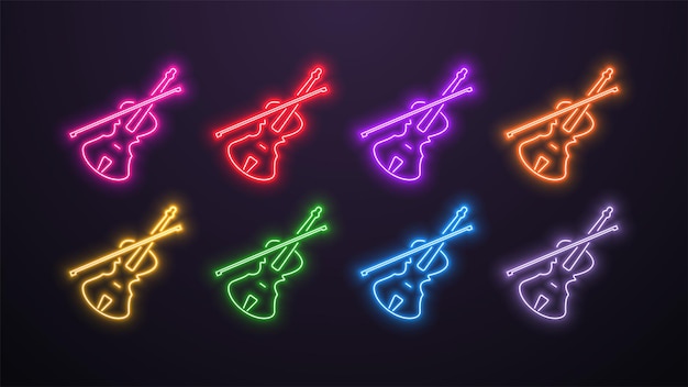 Un conjunto de iconos de neón del instrumento musical de violín en diferentes colores en un fondo oscuro Logotipo para la música