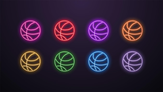 Vector un conjunto de iconos de neón con una pelota de baloncesto en diferentes colores sobre un fondo oscuro