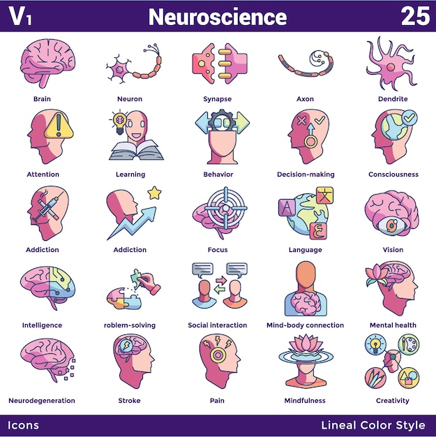 Conjunto de iconos de neurociencia 25 en estilo de color lineal