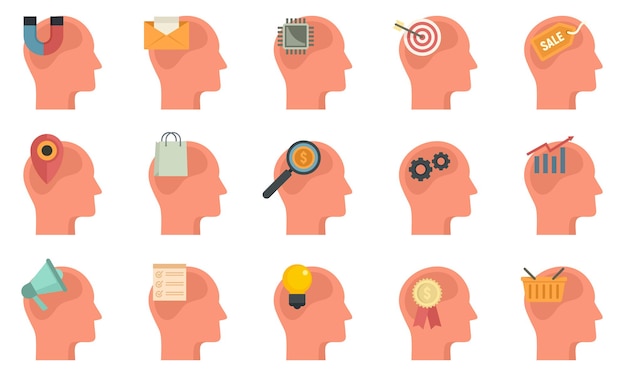 Conjunto de iconos de neuromarketing. conjunto plano de iconos vectoriales de neuromarketing aislados sobre fondo blanco