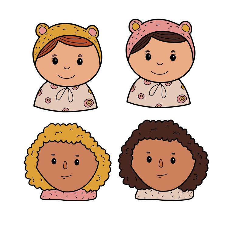 Vector conjunto de iconos de niñas adolescentes rostro femenino de varios tipos señales línea delgada conjunto de iconos incluye