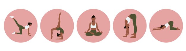 Vector conjunto de iconos de niñas afro haciendo ejercicio de yoga en varias posturas en círculos rosados sobre fondo blanco