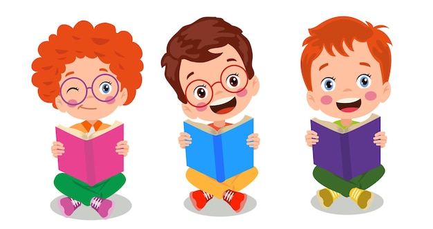 Conjunto de iconos de los niños pequeños leyendo un libro