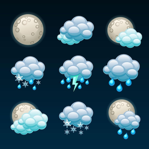 Conjunto de iconos de noche de pronóstico del tiempo