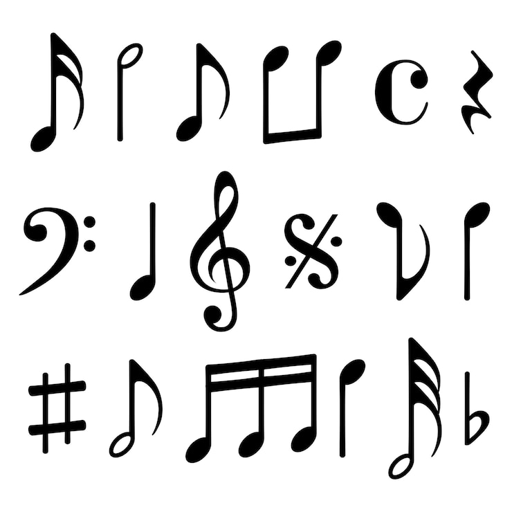 Vector conjunto de iconos de notas musicales aislado sobre fondo blanco.