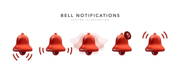 Conjunto de iconos de notificación de campana realista roja para año nuevo. Icono de campanas con chat web de mensaje nuevo aislado en blanco