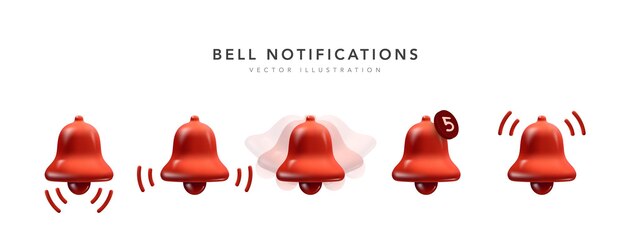 Conjunto de iconos de notificación de campana realista roja para año nuevo. icono de campanas con chat web de mensaje nuevo aislado en blanco