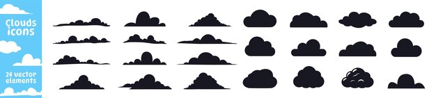 Conjunto de iconos de nubes Un conjunto de ilustraciones de nubes en el cielo en silueta negra