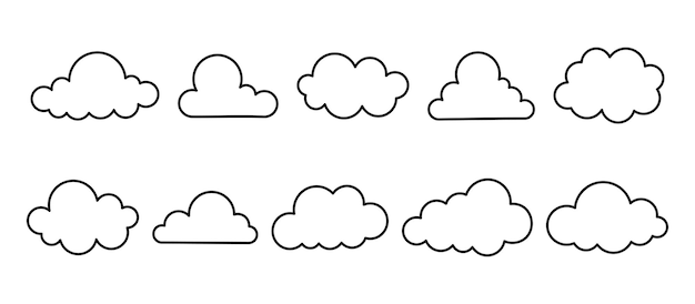 Conjunto de iconos de nubes de contorno en estilo plano sobre fondo blanco