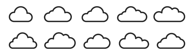 Conjunto de íconos de nubes Diseño plano de nubes de arte de líneas El tiempo el cielo el clima la atmósfera Ilustración vectorial
