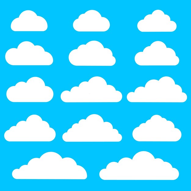 Conjunto de iconos de nubes sobre fondo azul. Colección de diferentes iconos de nube. Ilustración de vector.