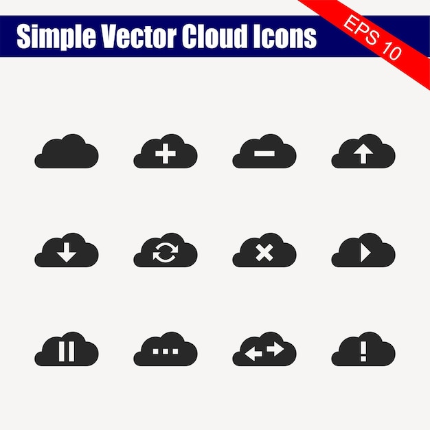 Un conjunto de iconos de nubes vectoriales simples con una franja roja que dice "iconos de nubes vectoriales simples".