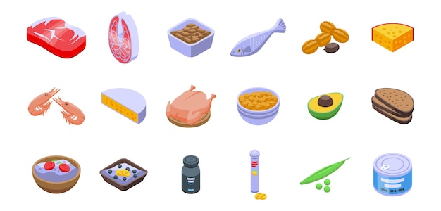 Conjunto de iconos de nutrientes de proteínas. conjunto isométrico de iconos de vector de nutrientes de proteínas para diseño web aislado sobre fondo blanco