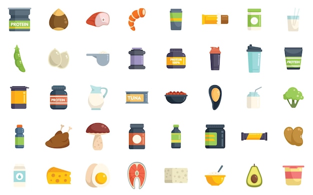 Conjunto de iconos de nutrientes de proteínas vector plano Fibra de grasa