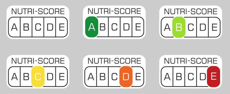 Vector conjunto de iconos de nutriscore calcomanías de isolatad nutriscore signos del sistema de clasificación de alimentos abcde