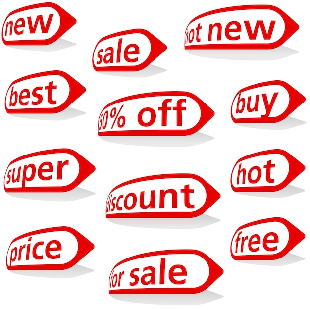 Conjunto de iconos o etiquetas Redwhite con inscripciones de ventas Formas curvas con puntas y sombras paralelas