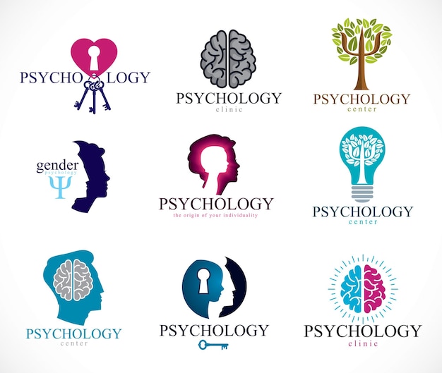 Conjunto de iconos o logotipos conceptuales vectoriales de psicología, cerebro y salud mental. Problemas y conflictos de la psicología relacional y de género, psicoanálisis y psicoterapia, personalidad e individualidad.
