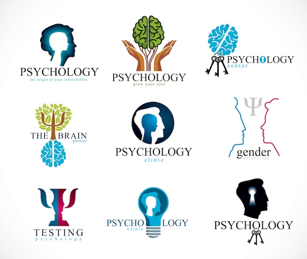 Vector conjunto de iconos o logotipos conceptuales vectoriales de psicología, cerebro y salud mental. problemas y conflictos de la psicología relacional y de género, psicoanálisis y psicoterapia, personalidad e individualidad.