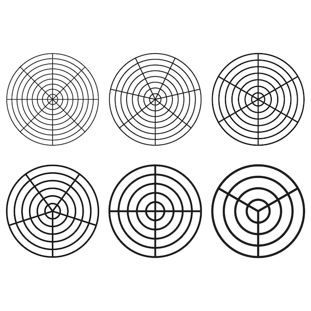 Conjunto de iconos de objetivo Diseños de círculos concéntricos Contorno negro minimalista Formas vectoriales geométricas