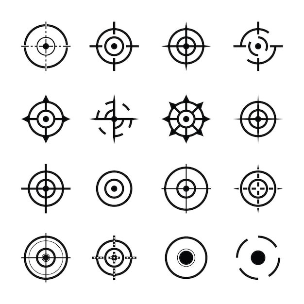 Conjunto de iconos de objetivo o objetivo de 16 iconos en color blanco y negro