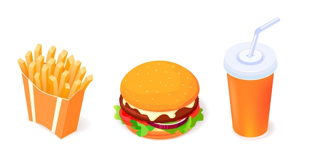 Conjunto de iconos de objetos de comida: hamburguesa, cola y papas fritas sobre fondo blanco.