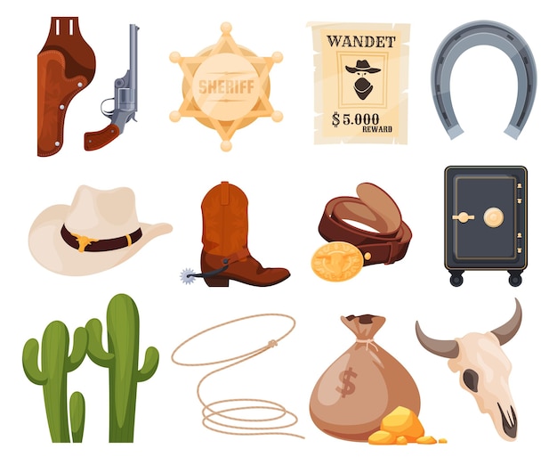 Conjunto de iconos de objetos sobre el tema del salvaje oeste Objetos de la vida de los vaqueros Ilustración vectorial
