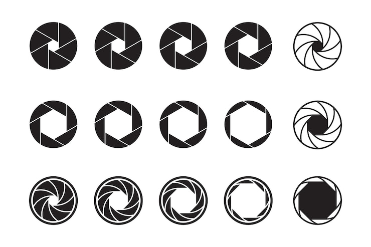 Vector conjunto de iconos de obturador de cámara diafragma de lente de cámara apertura de lente obturador de foto obturador de lente de foto