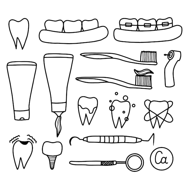 Conjunto de iconos de odontología Dentaduras postizas Instrumentos dentales de ortodoncia Estilo Doodle Ilustración vectorial Ilustración vectorial