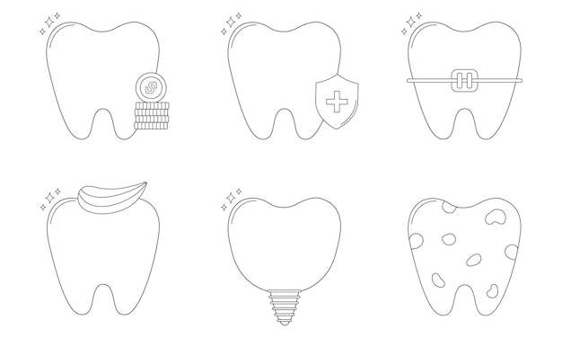 Conjunto de iconos de odontología Iconos protección dental dientes limpios dientes blanqueamiento frenos implante caries precio dental Concepto de cuidado dental Vector ilustración plana