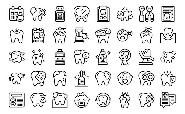 Conjunto de iconos de odontología pediátrica vector de contorno dientes de implante